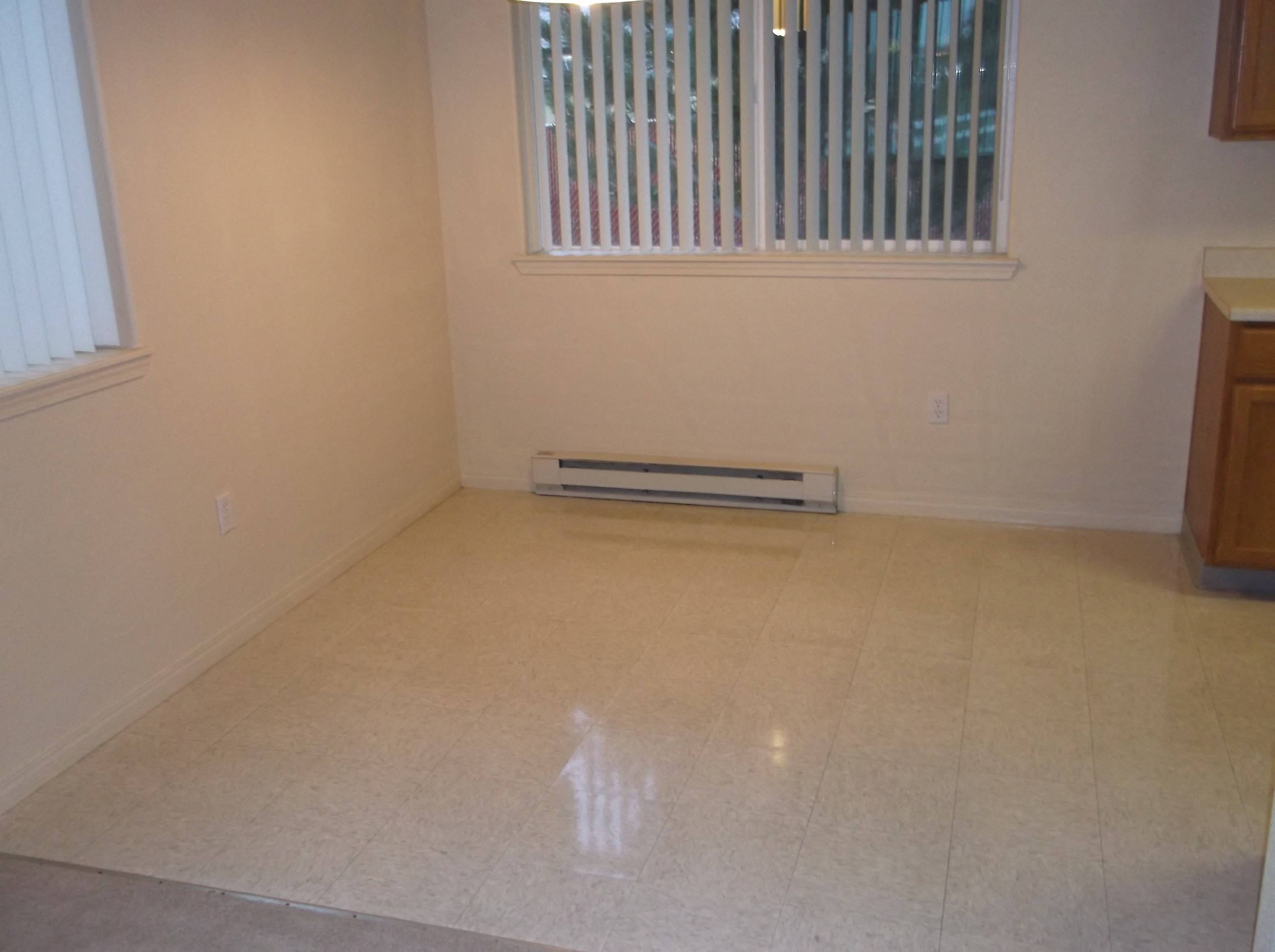 Image of space with two windows and heater next to kitchen